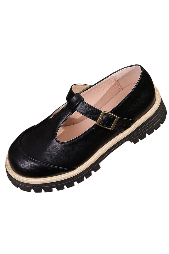 Black Women'S Flats Round Toe Belt Buckle British Style Thick Sole Casual Oversized Pu Leather Shoes Fashion Footwear Eu36 Uk3.5 Us5.5 Foot Length 9.06 Inches