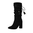 thumbnail image 1 of Black Women'S Heeled Boots With A Bow Tie Accent, Pointed Toe, Chunky High Heel, Mid-Calf Length For Elegance, 1 of 6