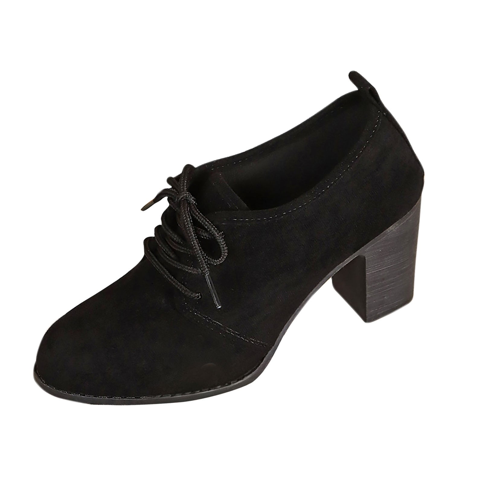 Black Women'S Heels High Heel Pump Shoes Chunky Lace-Up Casual Round ...