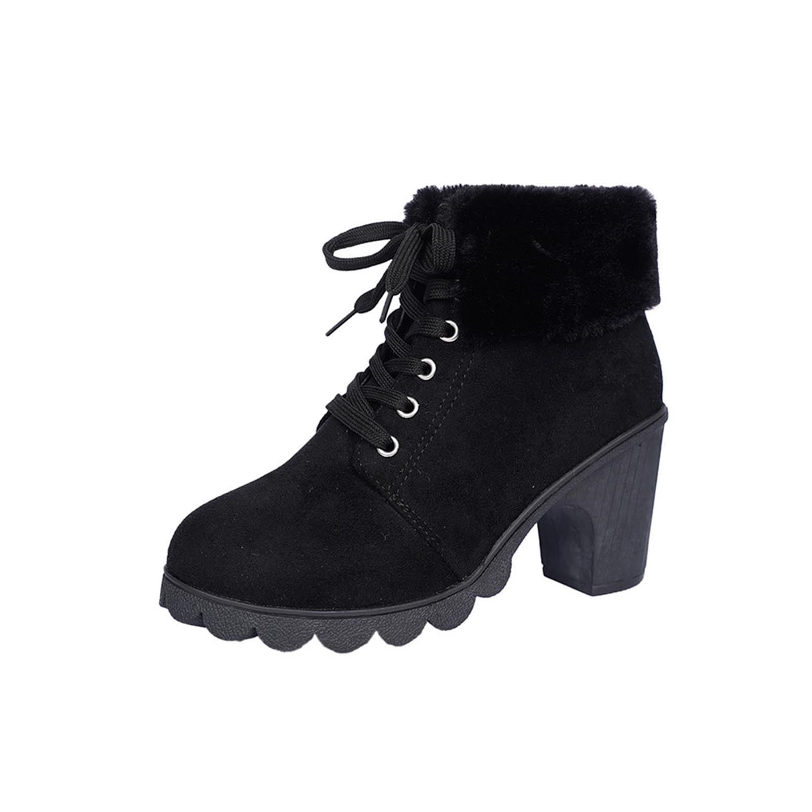 Black Women'S High Heel Ankle Boots Chunky Heel Round Toe Front Lace Up ...