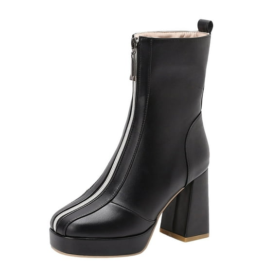 Black Women'S High Heel Ankle Boots With Platform And Front Zipper For Fall Winter Comfortable Wear