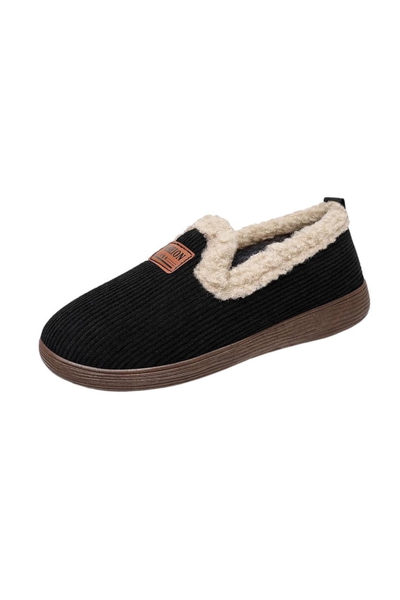 Black Women'S House Shoes Warm Fleece Lined Solid Color Round Toe Slip-On Flat Heel Comfortable Soft Plush Indoor Outdoor Winter Casual Footwear Size 37