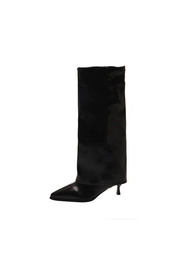 Black Women'S Knee High Boots Pointed Toe Stiletto Heel Fold Over Cuff Below Knee Comfortable Footwear For Winter Daily Walking And Outdoor Use Size 40