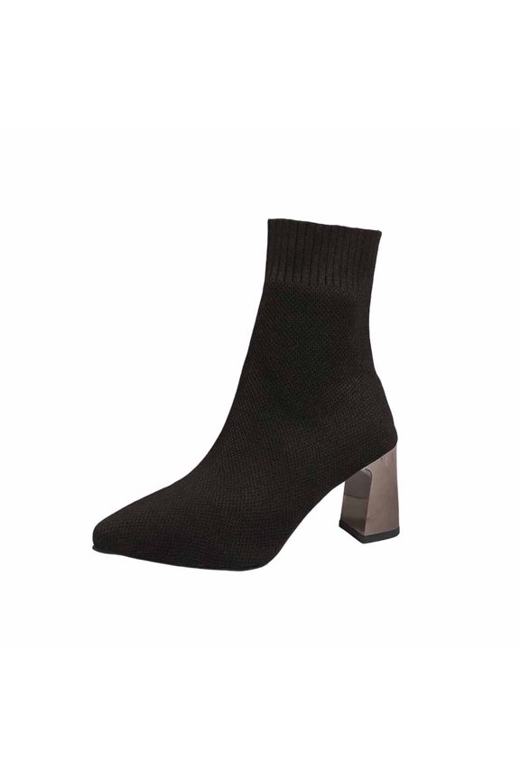 Black Women'S Knitted Mid Calf Boots Pointed Toe High Chunky Heel Sock Boots Stretch Elastic Solid Color For Fall Winter Casual