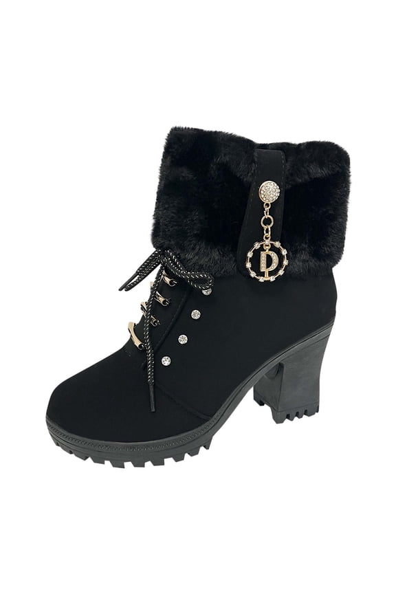 Black Women'S Lace-Up Ankle Boots With Chunky Heel Comfortable Fashion Boots For Fall Winter