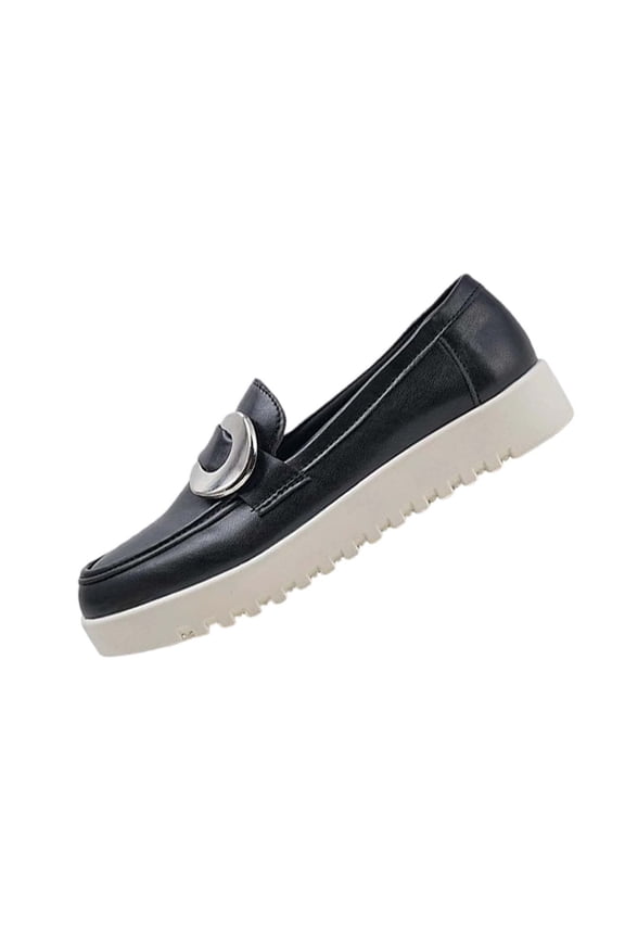 Black Women'S Loafer With Metal Buckle Thick Sole Solid Round Toe Pumps Comfortable Casual Everyday Wear Slip On Lightweight Polished Look Size 38