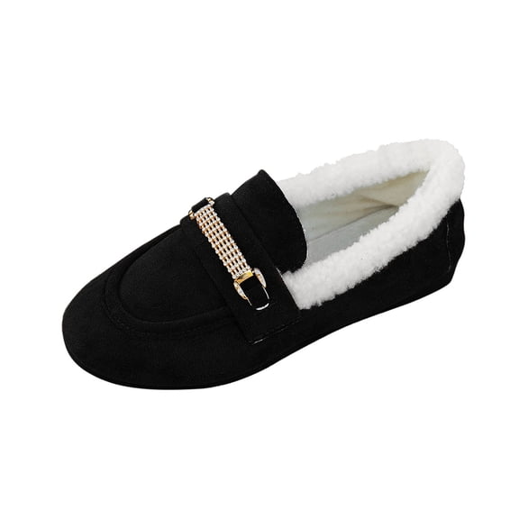 Black Women'S Loafers Round Toe Closed Back Slip On Low Top Warm Lined Winter Comfortable Soft Sole Casual Daily Wear Shoes For Everyday Use Size 37