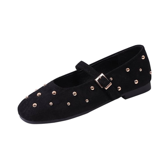 Black Women'S Mary Jane Shoes With Studded Strap Soft Sole Adjustable Buckle Casual Comfortable Flats For Daily Wear Lightweight Slip On Size 37