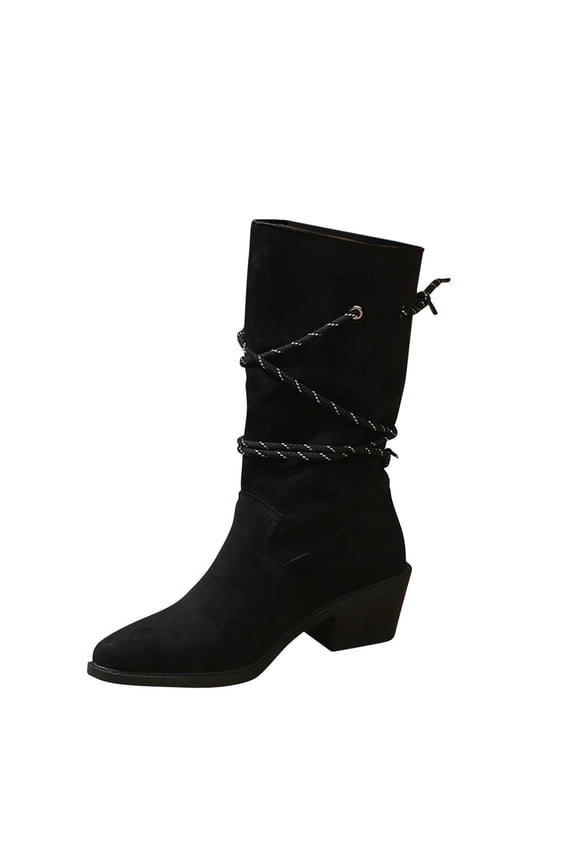 Black Women'S Mid Calf Boots Fashion Winter Block Heel Retro Solid Color Casual Round Toe Slip On Boots