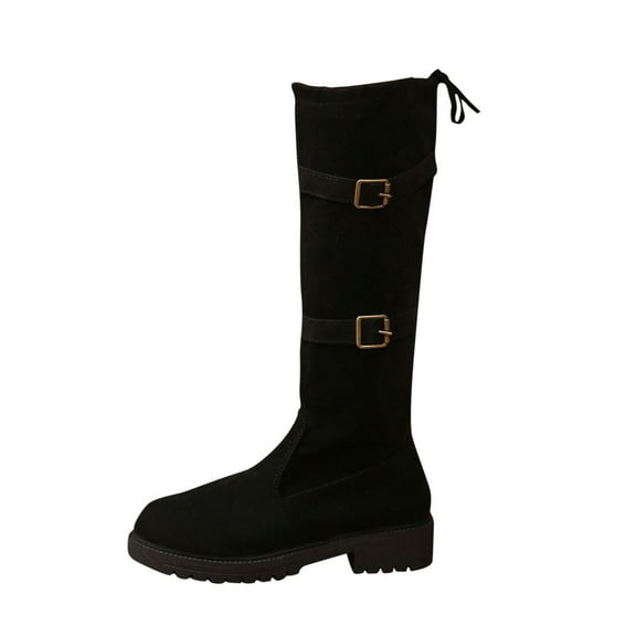 Black Women'S Mid Calf Boots Round Toe With Mid Heel Fashion Casual Comfortable Walking Shoes Flock Material