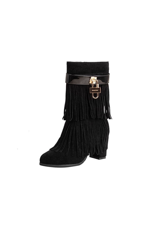 Black Women'S Mid-Calf Boots Winter Warm Suede Tassel Chunky Heel Round Toe Metal Lock Ornament Maillard Style Non-Slip Daily Wear Footwear Size 36