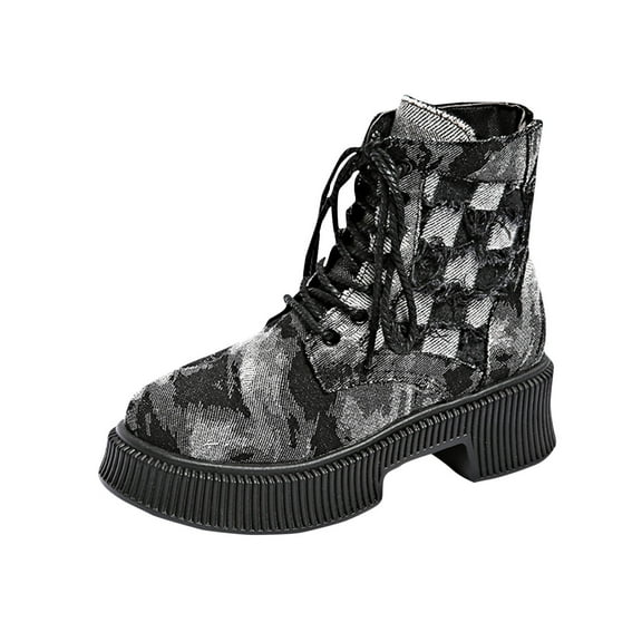 Black Women'S Mid Heel Boots With Denim Check And Round Toe For Leisure Activities And Lightweight Construction