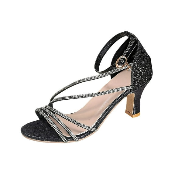 Black Women'S One-Strap Heeled Sandals With Round Toe Design, Pu Material Dress Shoes For Formal And Casual Occasions