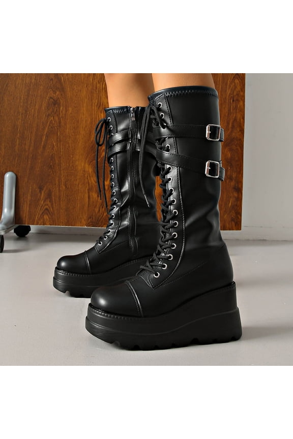 Black Women'S Outdoor Footwear With Round Toe Gothic Style Sloping Heel Thick Soled Web Design For Winter Seasons Comfortable