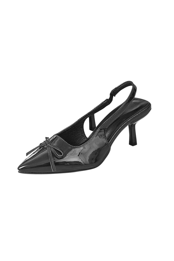 Black Women'S Pumps Pointed Toe Slingback Bow Patent Low Heel 2.55In For Casual 9.06 Inches