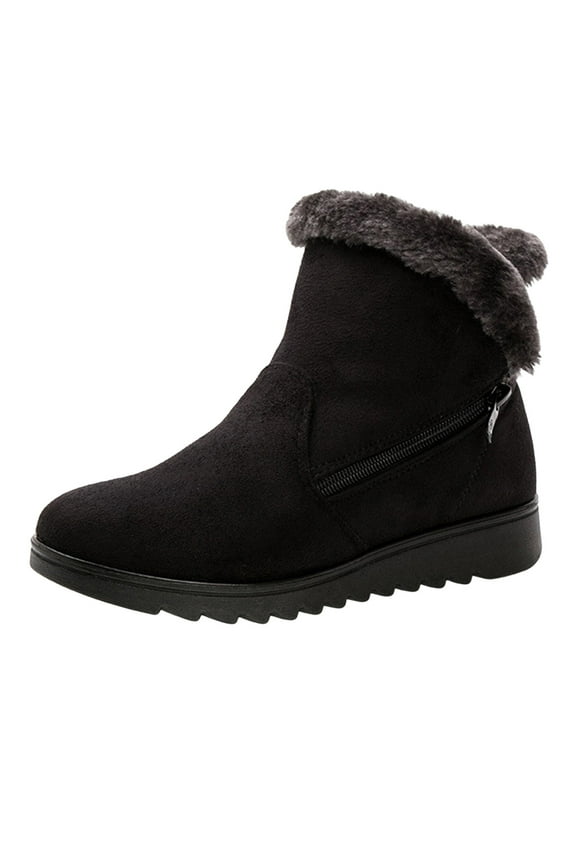 Black Women'S Round Toe Boots For Winter With Mid Heel And Flock Material For Warmth In Outdoor Indoor Use