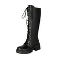 thumbnail image 1 of Black Women'S Fashion Knee High Boots Mid Heel Chunky Heels Round Toe Front Lace Up Side Zipper Winter Long Boots For Casual Wear Size 35, 1 of 9