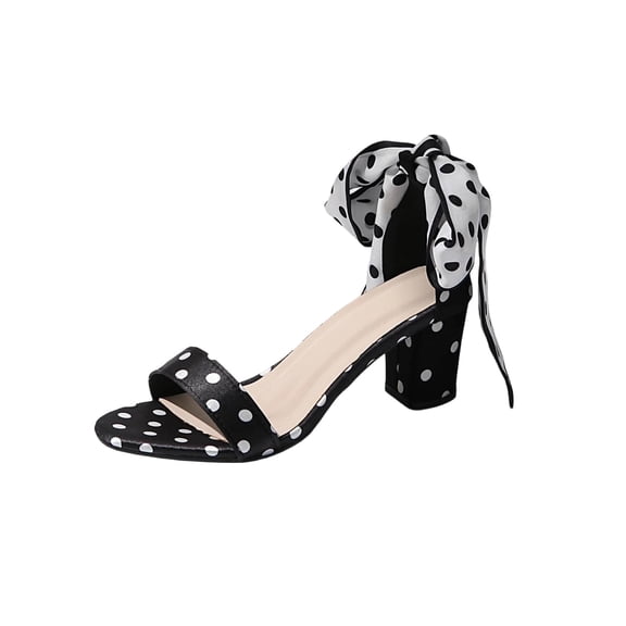 Black Women'S Sandals Bow Block Heel Roman Polka Dots High Heel Casual Versatile Comfortable Lightweight Breathable For Everyday Spring Summer Size 40