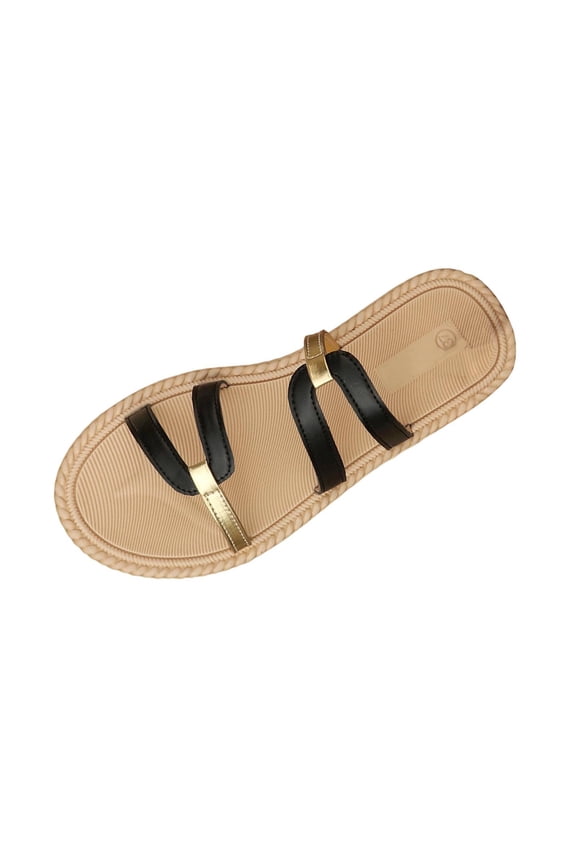Black Women'S Sandals One Strap Open Toe With Gold Layered Webbing Soft Cushioned Insole Textured Outsole Breathable Faux Leather Upper For Beach Commute Casual