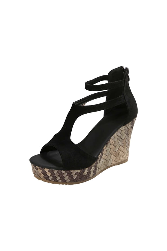 Black Women'S Sandals Round Toe Open Toe Back Zip Wedge Heel Elevated Sole Comfortable Breathable Casual Outdoor Footwear For Daily Wear Size 40