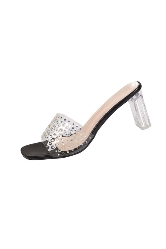 Black Women'S Sandals Transparent Block Heel Mule With Rhinestone Embellished Pvc Strap Soft Padded Insole Rubber Outsole Open Toe Backless Slip On For Party Date Daily