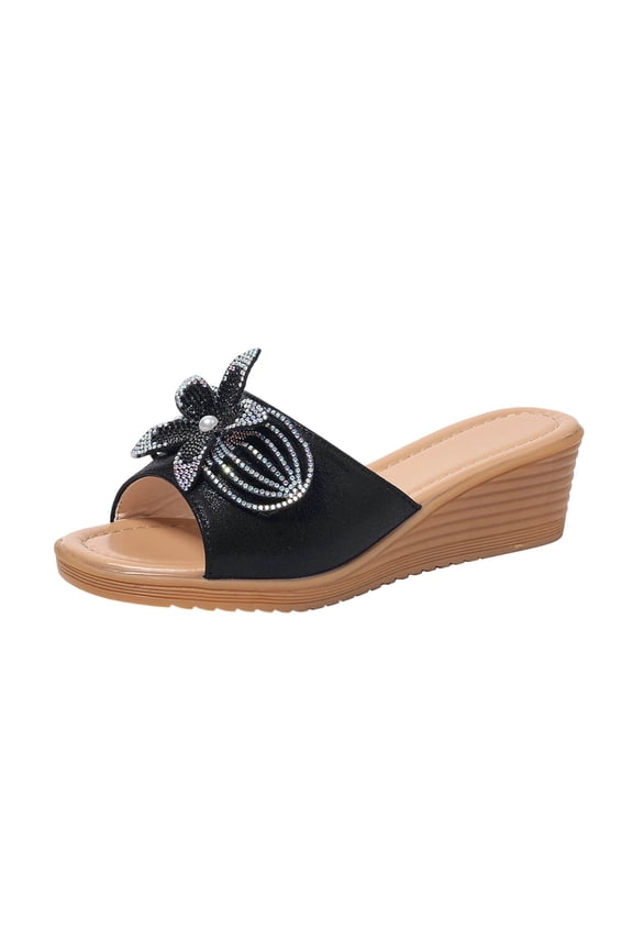 Black Women'S Sandals Wedge With Rhinestone Flower Bow Decoration Soft Cushioned Insole Textured Outsole Breathable Leather Upper For Summer Beach Vacation Party
