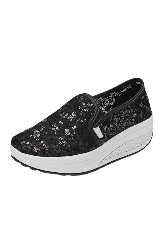 Black Women'S Shoes Sequined Mesh Breathable Rocking Shoe Comfortable Casual Outdoor Spring Summer Lightweight Slip On Rocker Sole