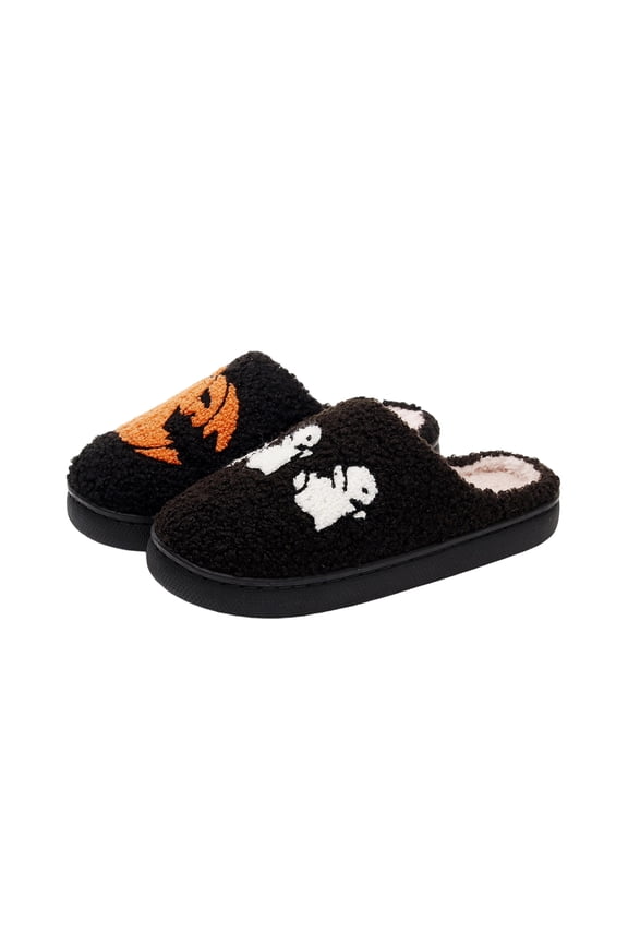 Black Women'S Slide Slippers Halloween Pumpkin Ghost Pattern Indoor Household Flat Soft Bottom Slip On Slippers For Fall Winter Daily Wear Size 40