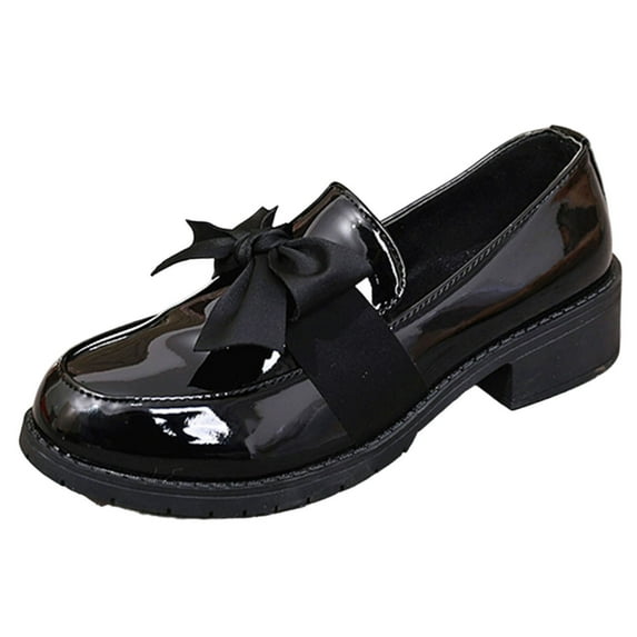 Black Women'S Slip On Round Toe Bow Detail Flats Low Block Heel Casual Comfortable Shoes For Ladies Outdoor Leisure Everyday Walking Footwear Size 38