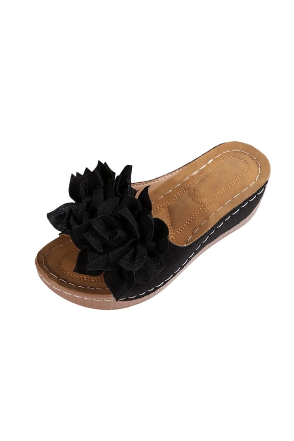 Black Women'S Slippers Fish Mouth Wedge Heel Thick Sole Casual Summer Outdoor Indoor Shoes Flock Material Size 38 Eu 6.5 Us 0.55 Lbs