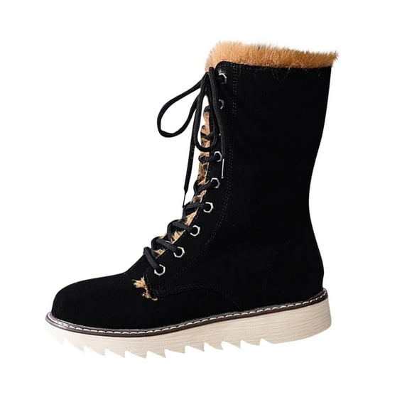 Black Women'S Snow Boots Fashion Lace-Up Comfortable Warm Fur-Lined Thick-Soled Non-Slip Outdoor Winter Shoes Platform Boots 1.58 Lb
