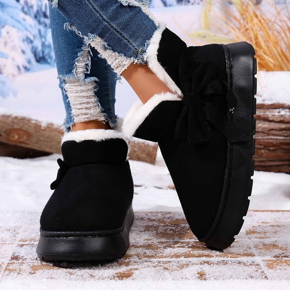 Black Women'S Snow Boots Winter Fleece Lining Bow Detail Durable Upper Thick Sole Slip Resistant Versatile Warm Casual Outdoor Wear Size 42