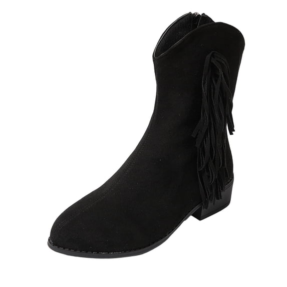 Black Women'S Suede Boots With Side Zipper, Tassel Detail, Chunky Mid Heel, Mid-Calf Height For Stylish Winter Wear
