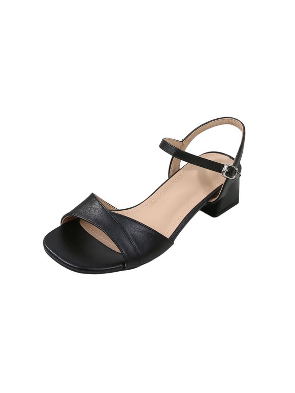 Black Women'S Summer Beach Open Toe Flat Sandals Soft Leather Buckle Casual Comfortable Dress Shoes