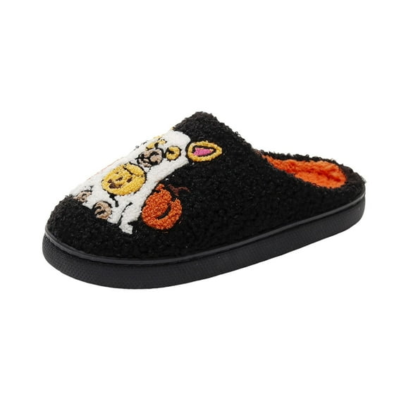 Black Women'S Themed Indoor Slippers With A Cute Pet Dog Design Flat Warm Sole For Fun And Cozy Home Wear