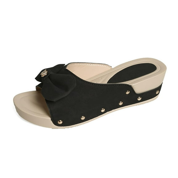 Black Women'S Thick Bottom Slippers Feature A Round Open Toe Wedge Heel And A Charming Bow Decoration