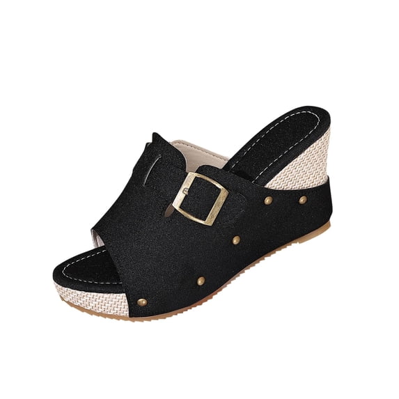 Black Women’S Trendy Versatile Casual Buckle Large Size Spring Summer Slip-On Straw Wedge Sandals Platform Heel