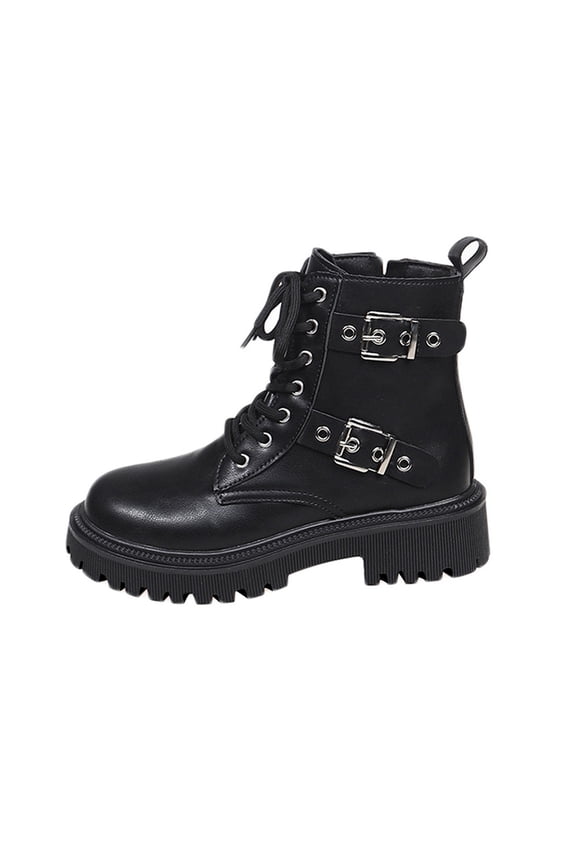 Black Women'S Versatile Boots With Round Toe Lace-Up Closure Chunky Belt Buckle Thick Base Low Heel