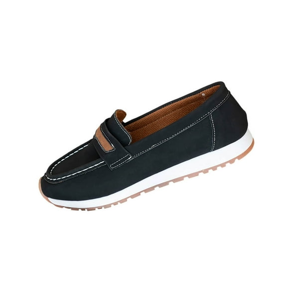 Black Women'S Versatile Loafers With A Two-Tone Design, Round Toe, Flat Sole, Perfect For Casual And Smart Outfits