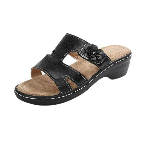Black Women'S Wedge Heel Flower Sandals Round Toe Open Toe Platform Comfortable Summer Casual Wear Pu Upper