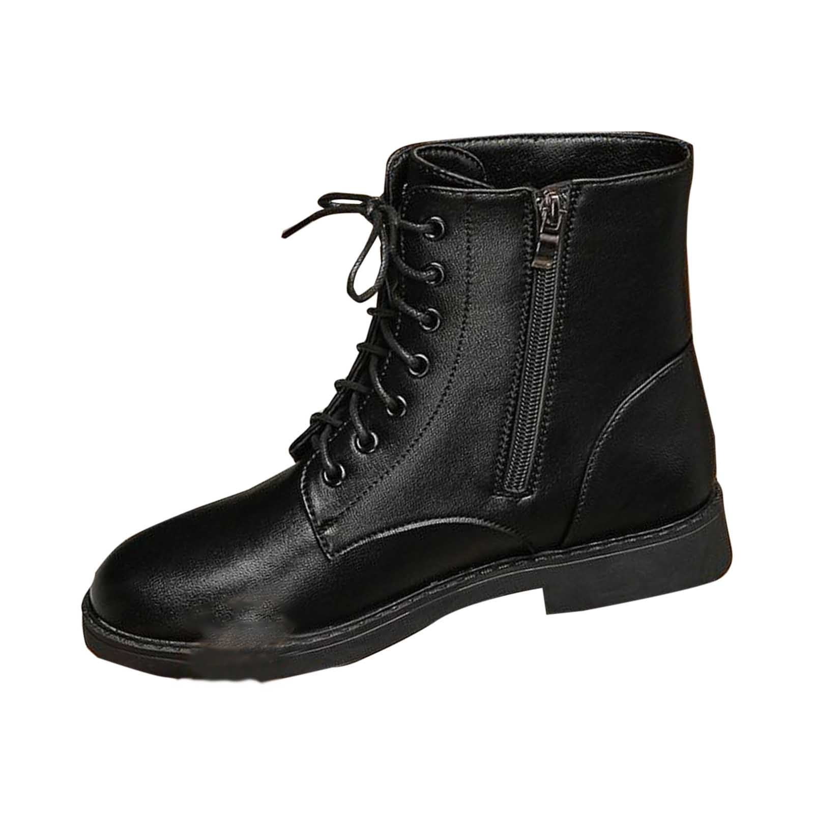 Black Women'S Winter Ankle Boots With Lace-Up And Zipper Detail, Round ...
