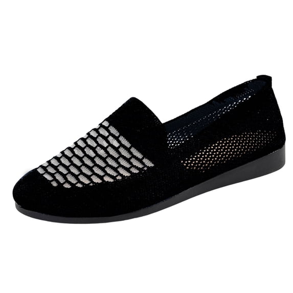 Black Women'S Work Shoes Style Flying Woven Solid Color Round Toe Breathable Low Top Shallow Mouth Soft Bottom Flat Comfortable Walking Shoes Mesh Upper