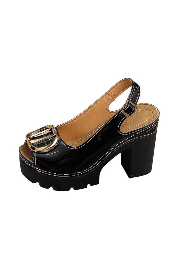 Black Women Sandals High Heels Fish Mouth Toe Thick Platform Block Heel Summer Casual Spring Outdoor Indoor Pu Leather Size 43 0.97 Lb