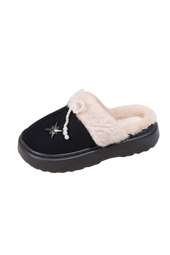 Black Women'S Slippers, Fleece Lined Sandals, Warm Plush Comfy House Shoes For Indoor Outdoor Wear, Decorative Style, Size 9, 0.58 Lb