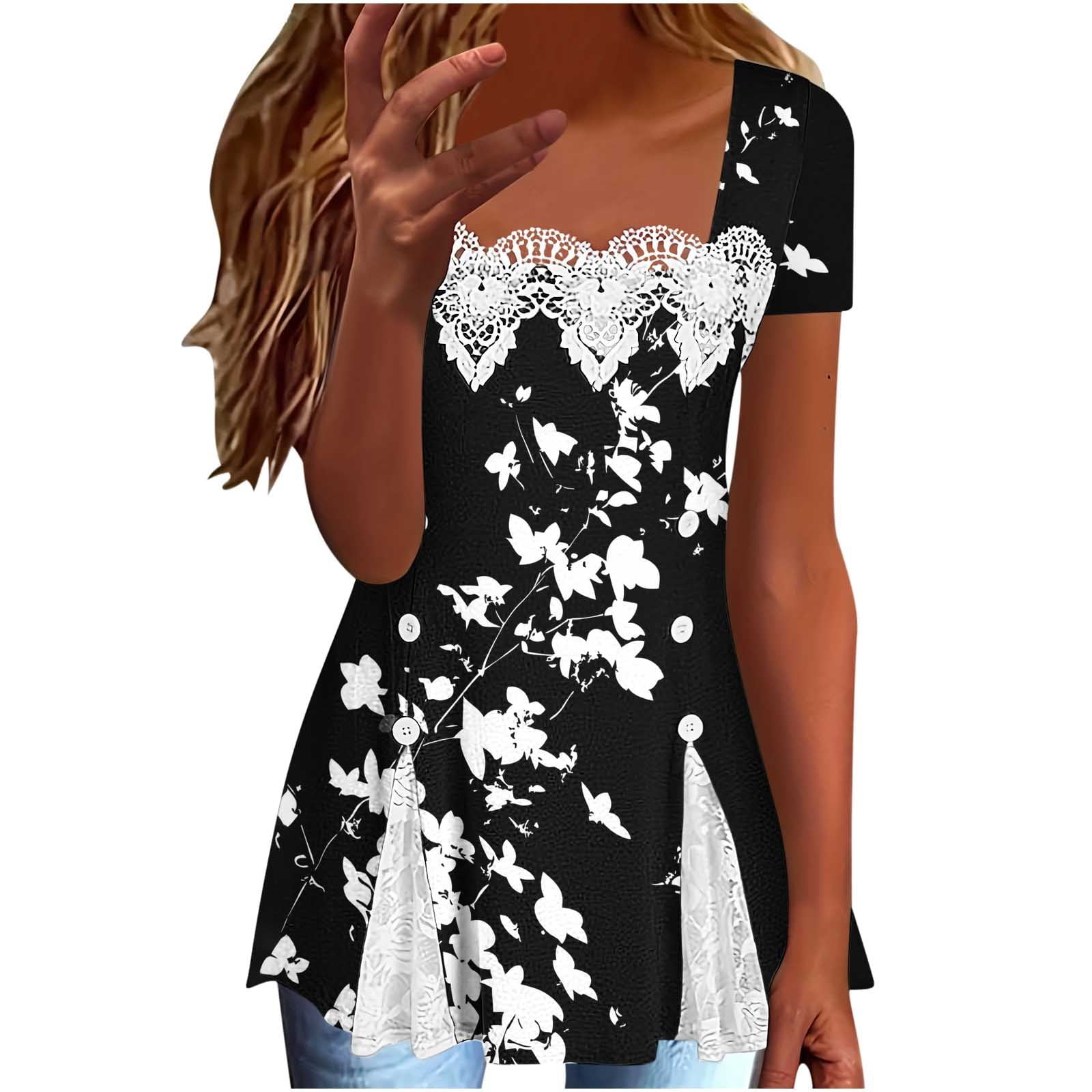 Black Women Scoop Neck Lace Tshirts Going Out Button Up Tee Tops for