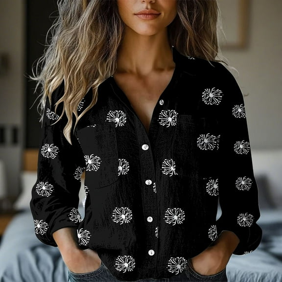 Black Women Shirts, Women'S Long Sleeved Printed Button Down Shirt,Women Shirts S
