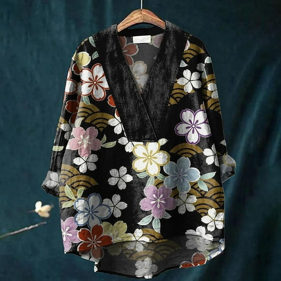 Black Women Shirts Women's Blue Line Print Japanese Traditional Geometric Pattern Printed Casual Cotton And Linen V Neck Shirt Blouses for Women Trendy