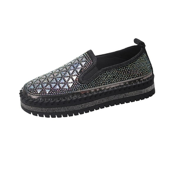 Black Women Slip On Loafers Round Toe Rhinestone For Winter Season