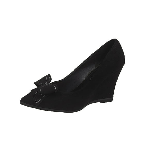 Black Women Solid Color Bow Knot Closed Toe Shoes With Wedge Heels For Leisure Activities Comfortable Flock Upper Low Heel