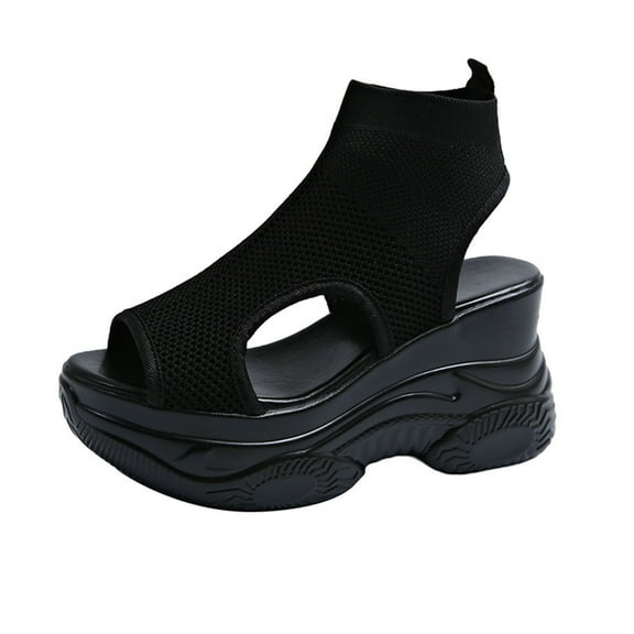 Black Women Spring Summer Comfortable Sandals With Breathable Round Toe Open Toe Thick Bottom Wedge Heel For Everyday